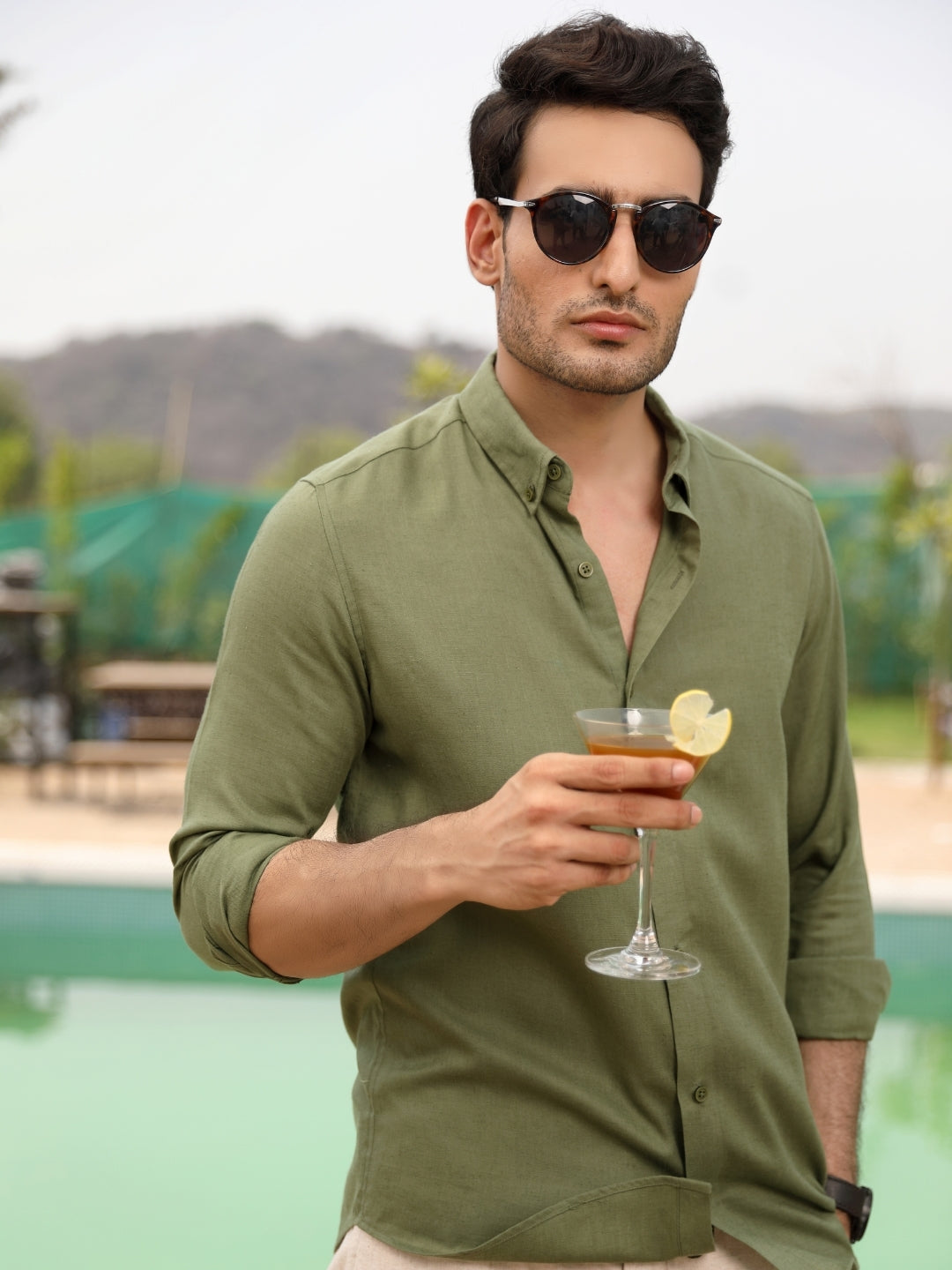 Moss Green Pre-Washed Linen Cotton Shirt P E R C H Moss Green Pre-Washed Linen Cotton Shirt P E R C H
