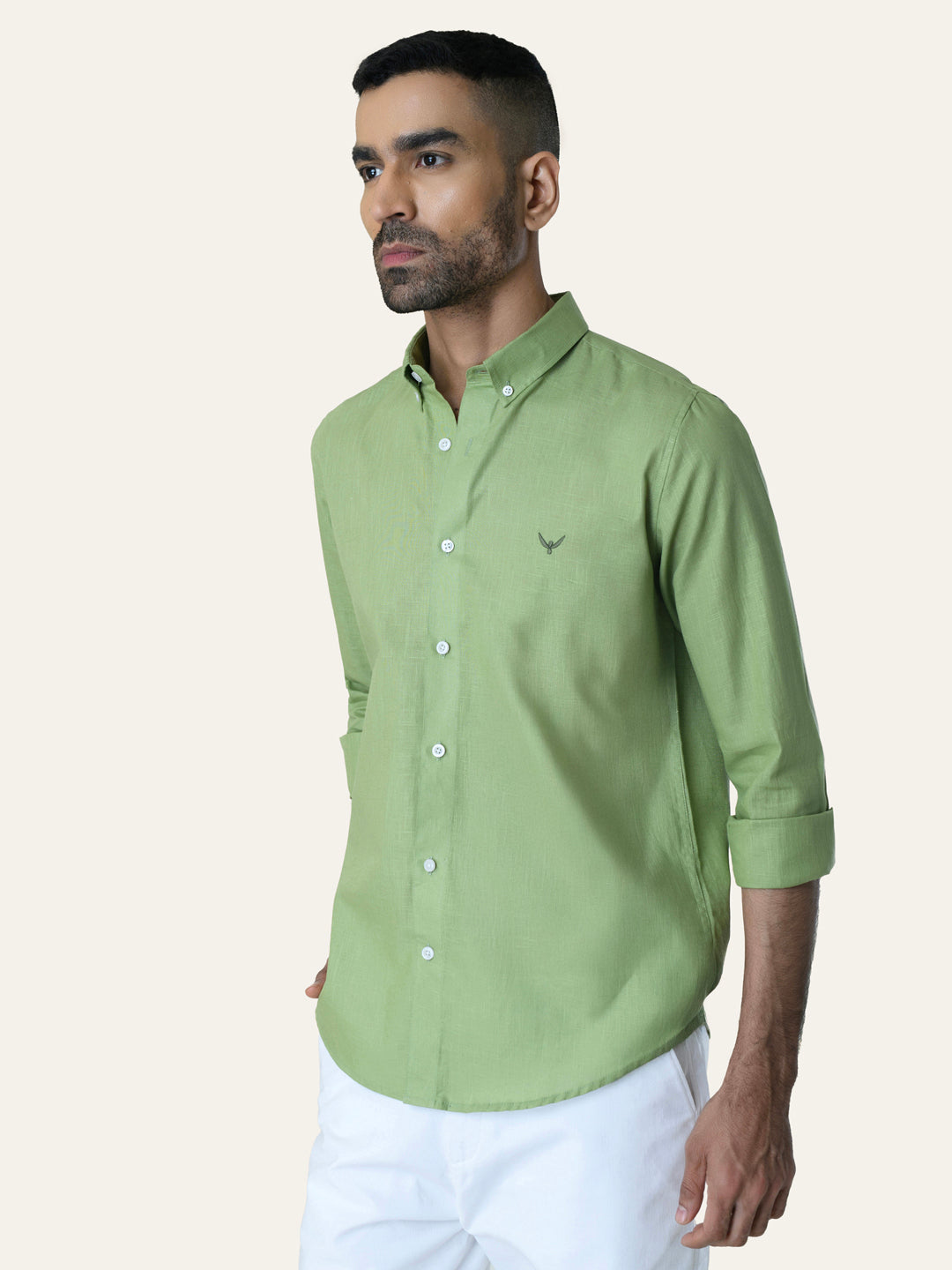 Parrot Green Solid Pre-Washed Slim Fit Linen Cotton Shirt P E R C H Parrot Green Solid Pre-Washed Slim Fit Linen Cotton Shirt P E R C H