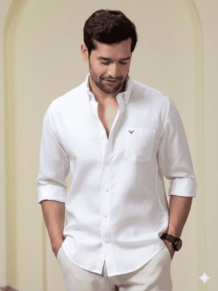 Crystal White Pre-Washed Linen Blend Button Down Shirt YT