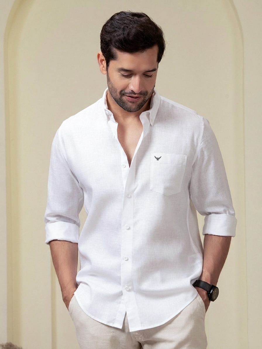 Crystal White Pre-Washed Linen Blend Button Down Shirt YT