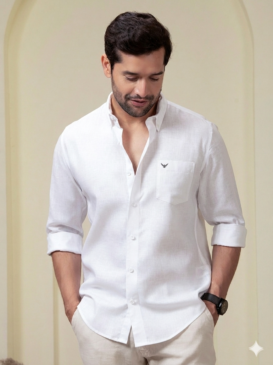 Crystal White Pre-Washed Linen Blend Button Down Shirt