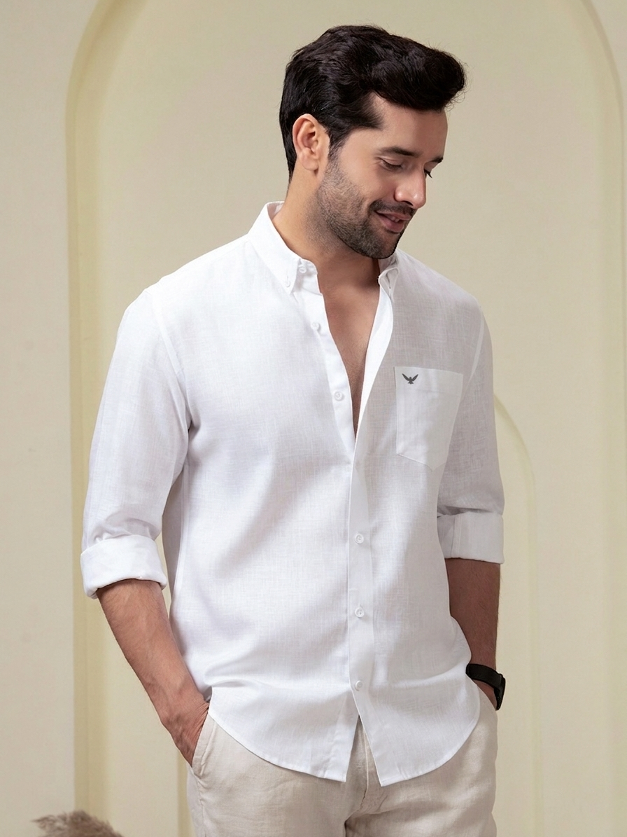 Crystal White Pre-Washed Linen Blend Button Down Shirt YT