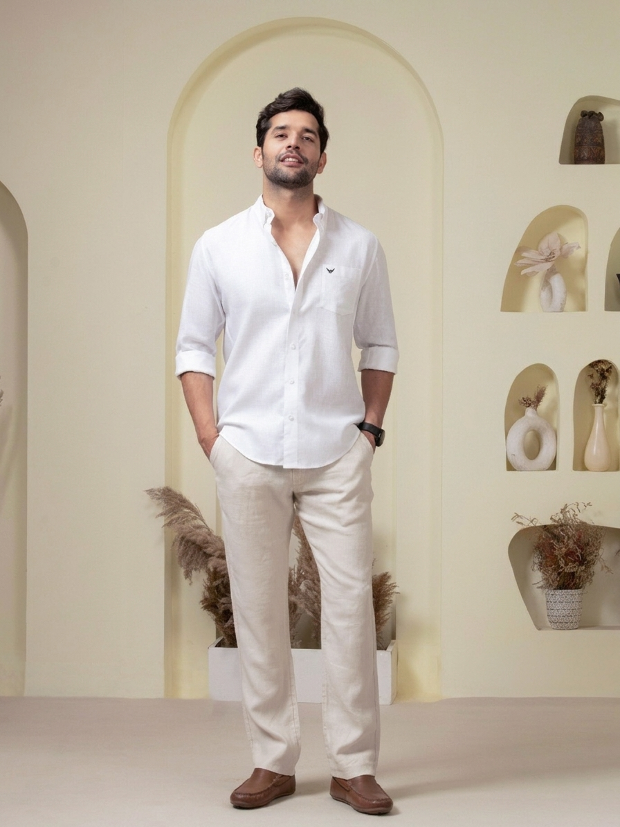 Crystal White Pre-Washed Linen Blend Button Down Shirt YT