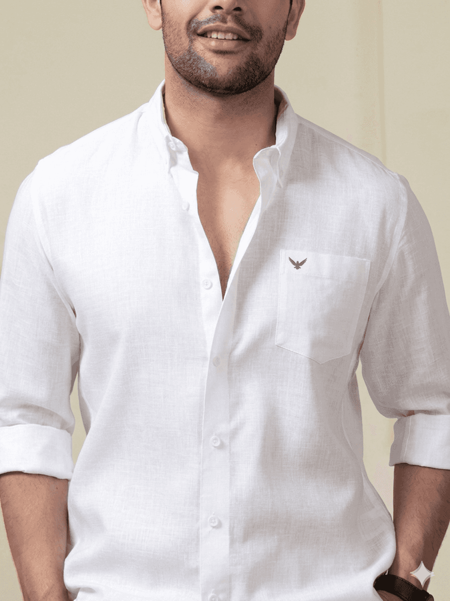 Crystal White Pre-Washed Linen Blend Button Down Shirt YT