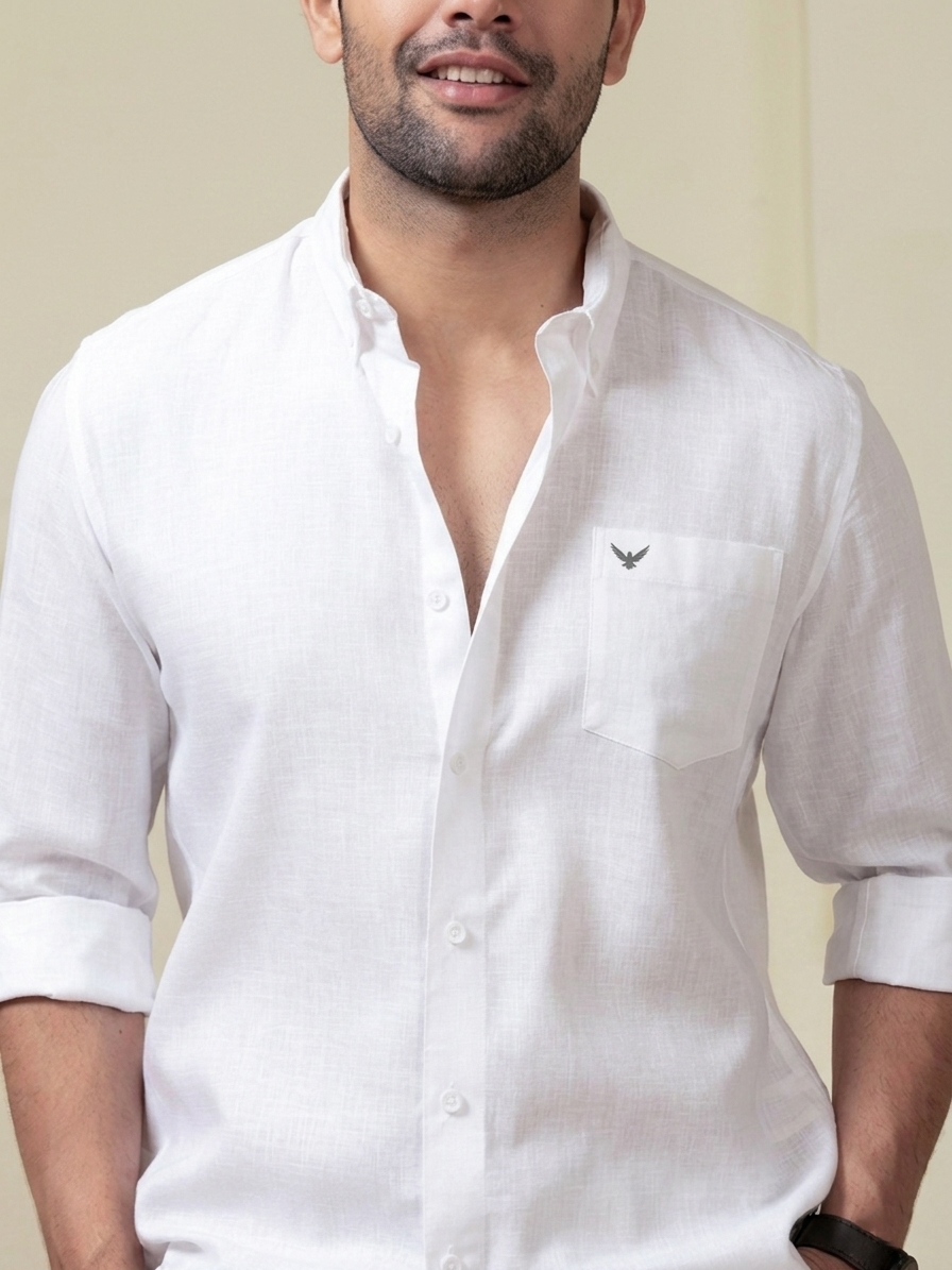 Crystal White Pre-Washed Linen Blend Button Down Shirt YT