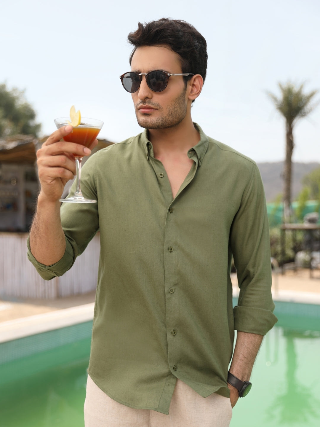 Moss Green Linen Cotton Shirt