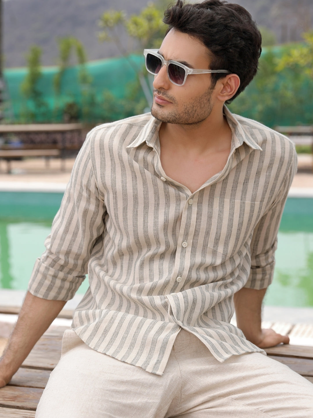 Sage Green Stripes Linen Cotton Shirt