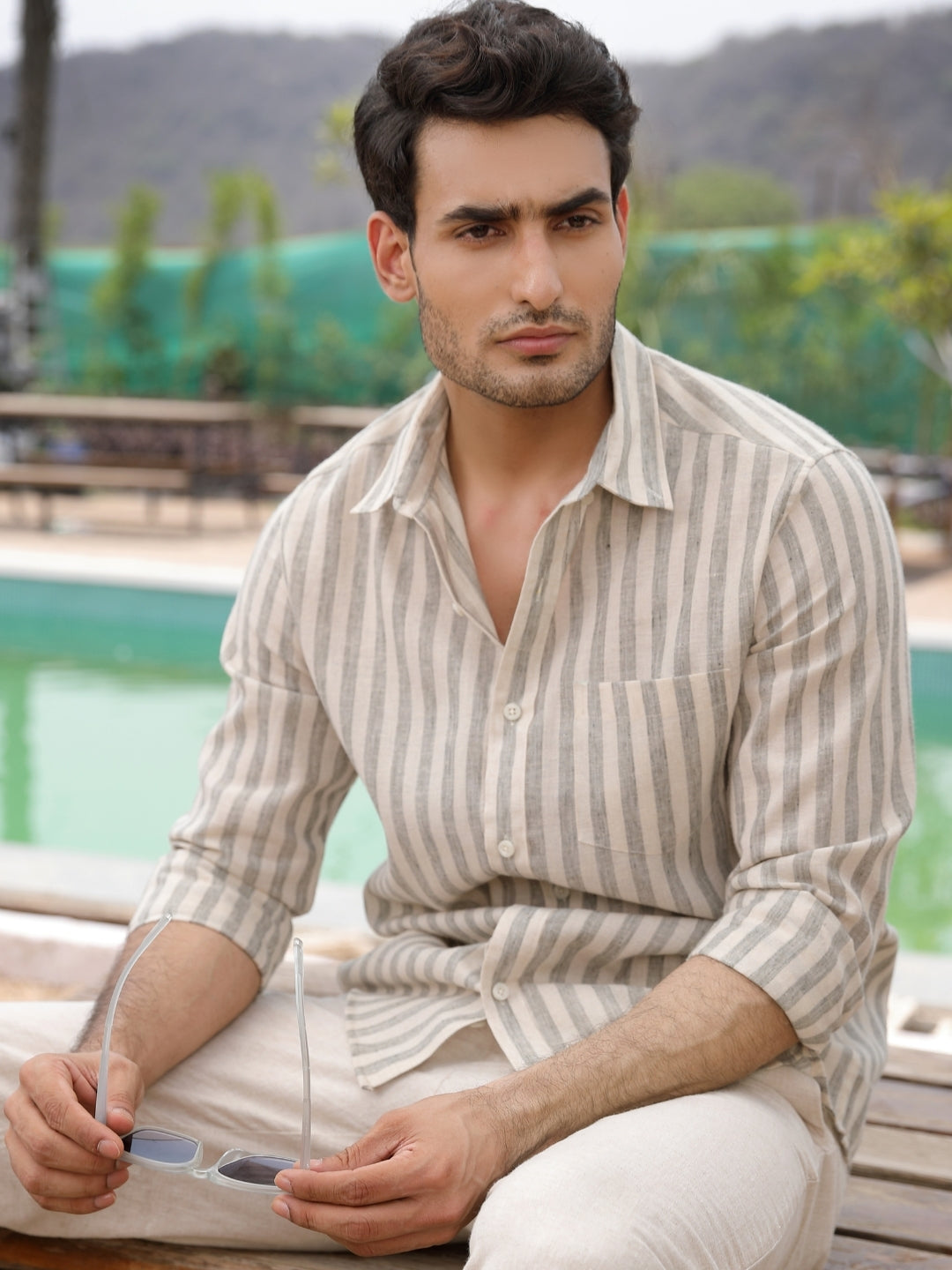 Sage Green Stripes Linen Cotton Shirt