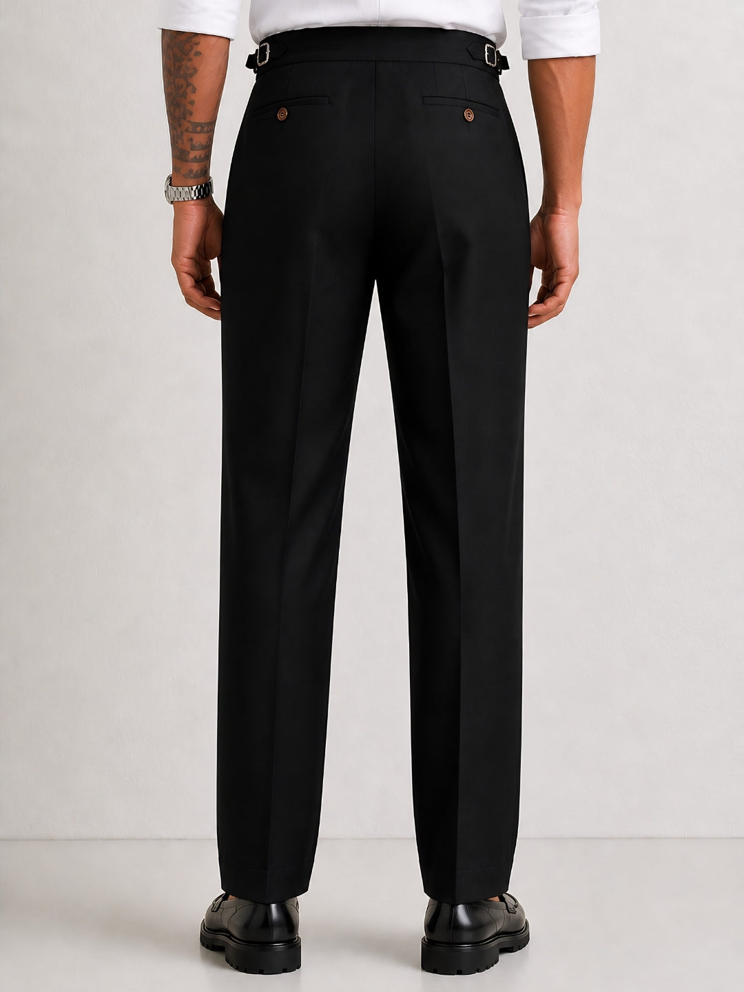 Black Solid Straight Fit Double Buckle Gurkha Pant