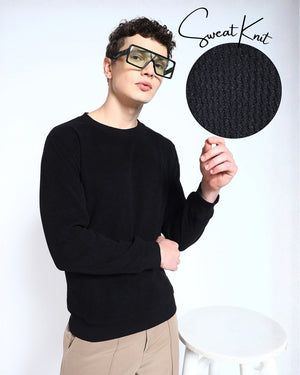 Black Solid textured Sweat Knit Sweater