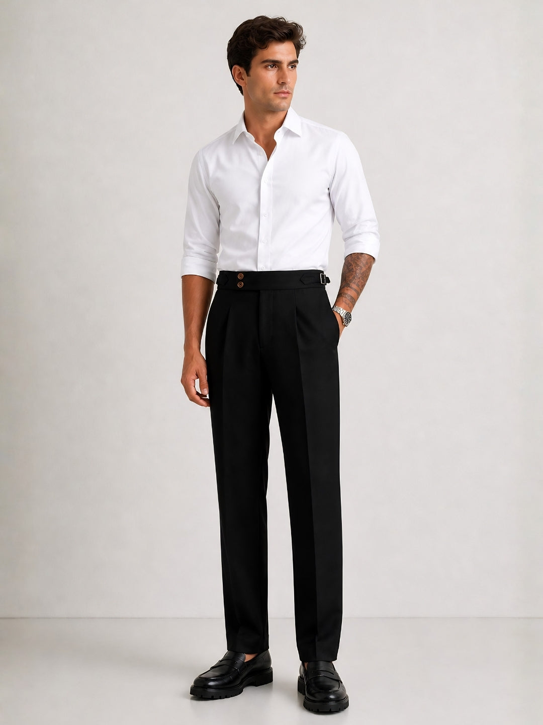 Black Solid Straight Fit Double Buckle Gurkha Pant