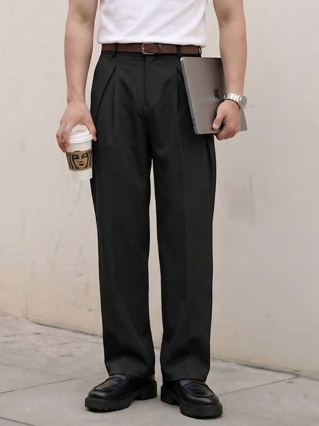 Black Solid Loose Fit Overpleat Korean Pant