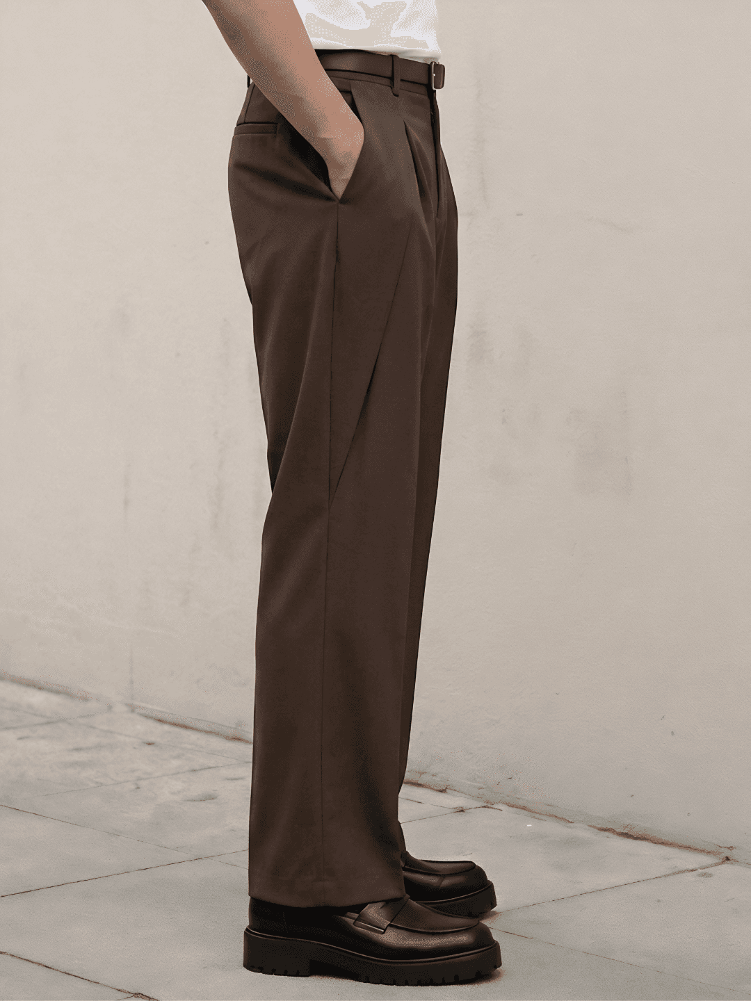 Brown Solid Loose Fit Overpleat Korean Pant