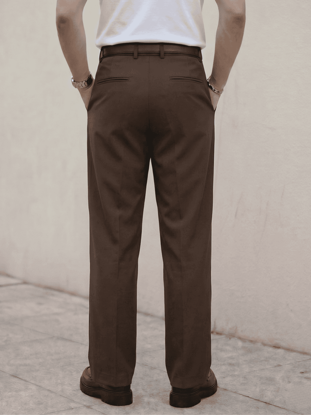 Brown Solid Loose Fit Overpleat Korean Pant