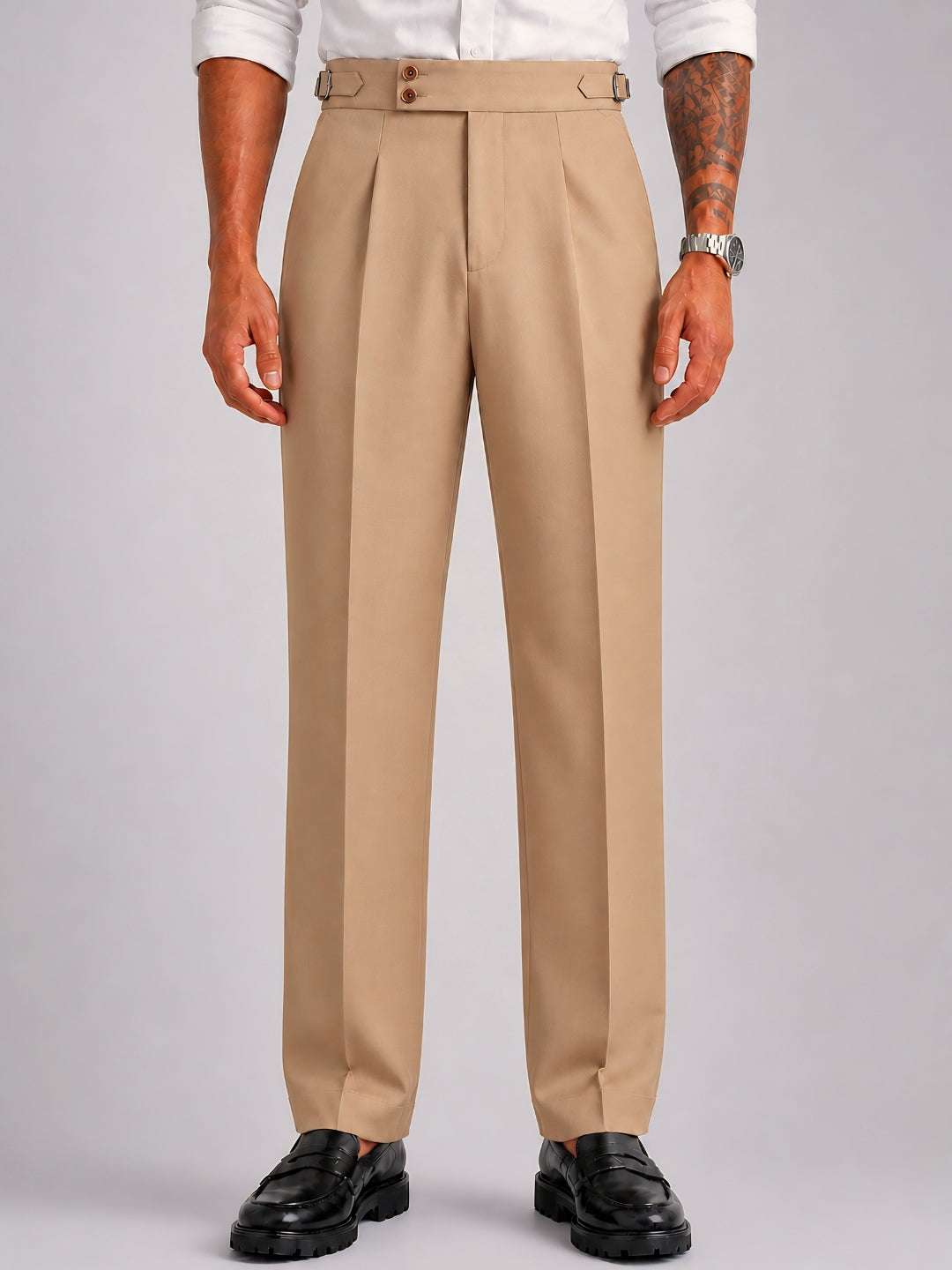 Fawn Solid Straight Fit Double Buckle Gurkha Pant