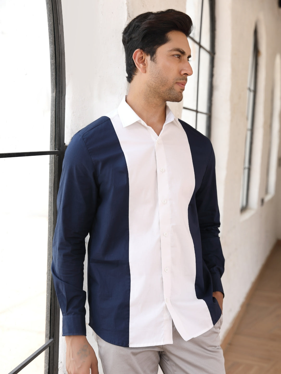 Blue & white Cut & Sew Cotton Shirt