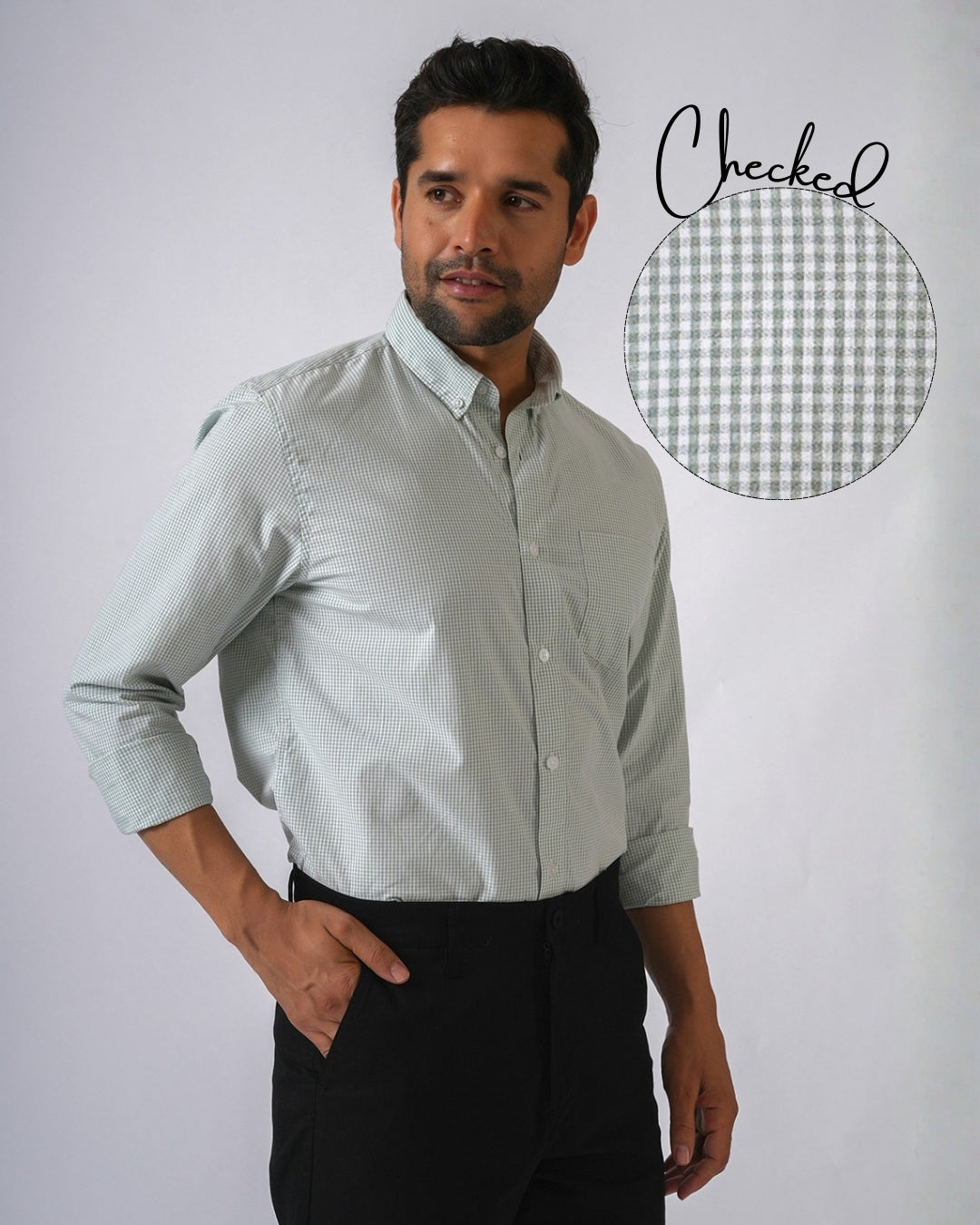 Green Checked Slim Fit Cotton Shirt