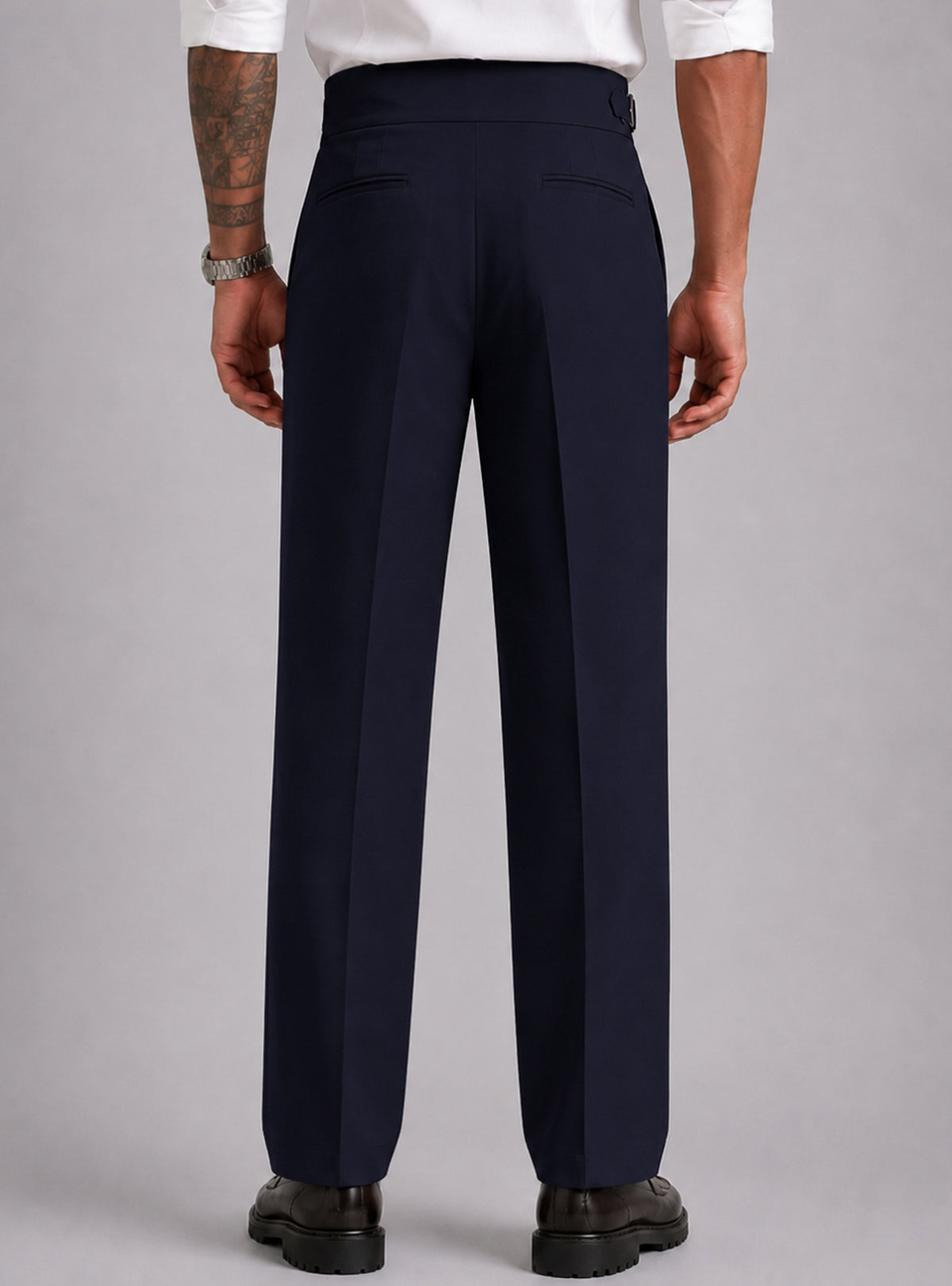Navy Solid Straight Fit Single Buckle Gurkha Pant For Men