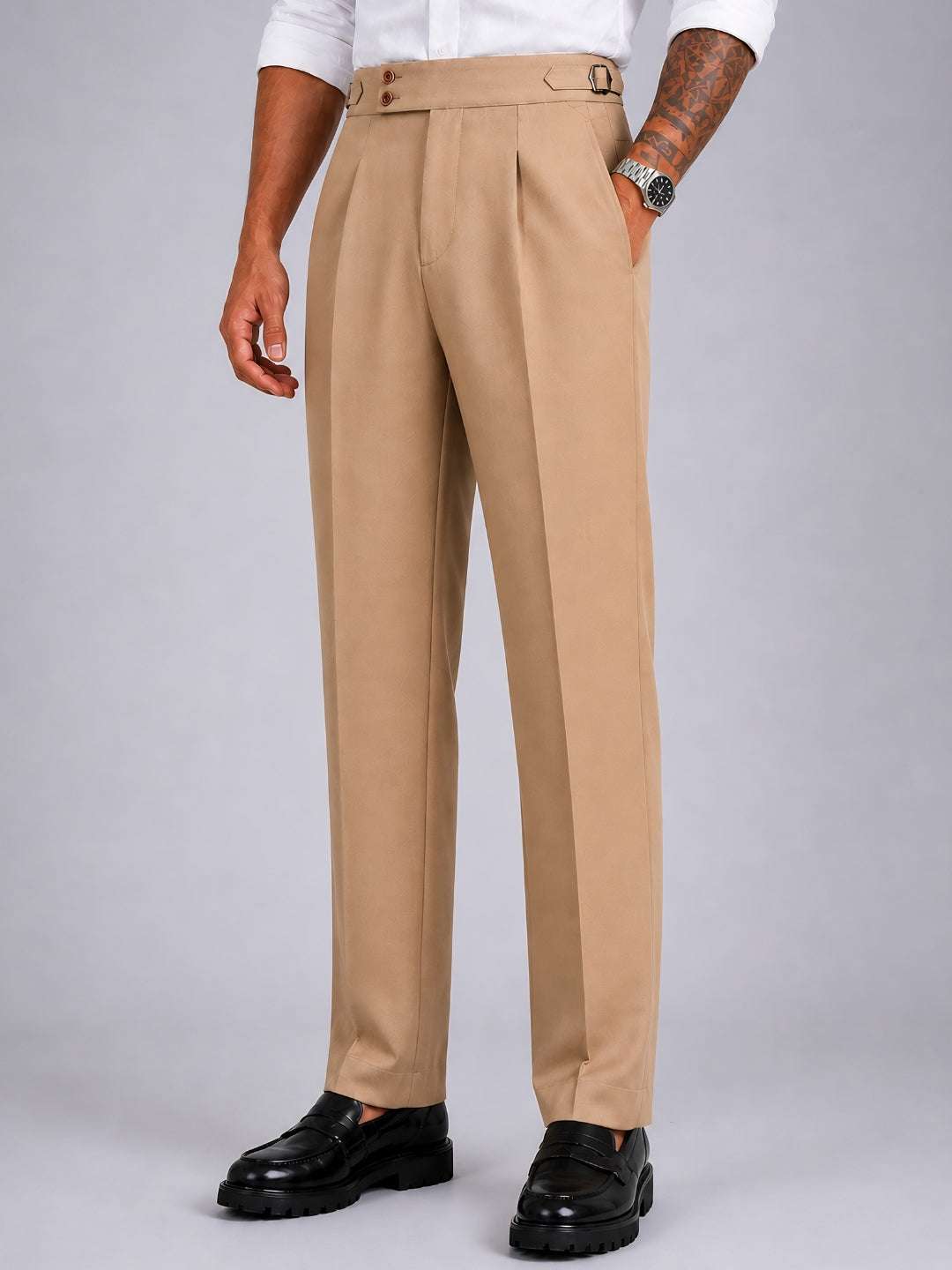 Fawn Solid Straight Fit Double Buckle Gurkha Pant