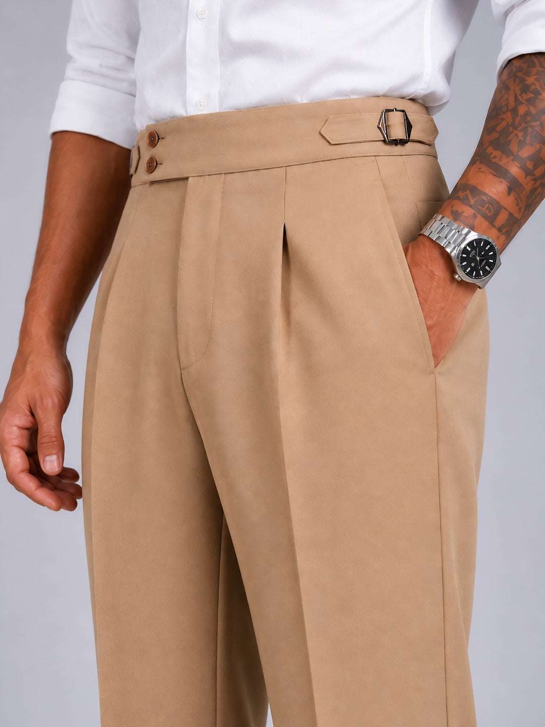 Fawn Solid Straight Fit Double Buckle Gurkha Pant