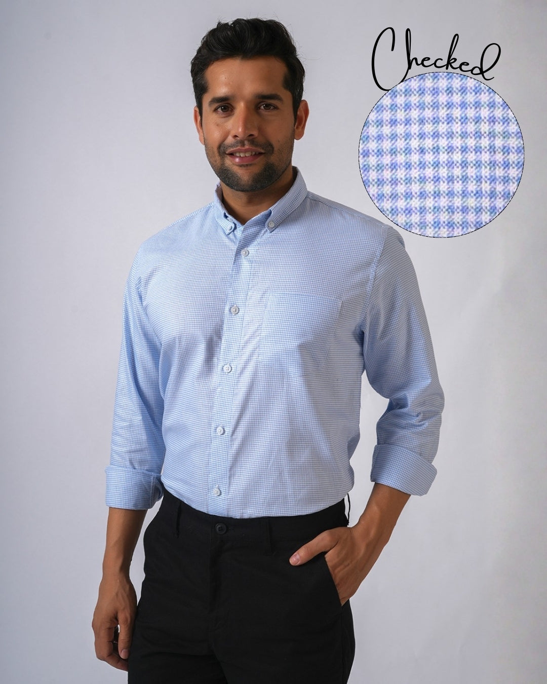 Sky Blue Checked Slim Fit Cotton Shirt