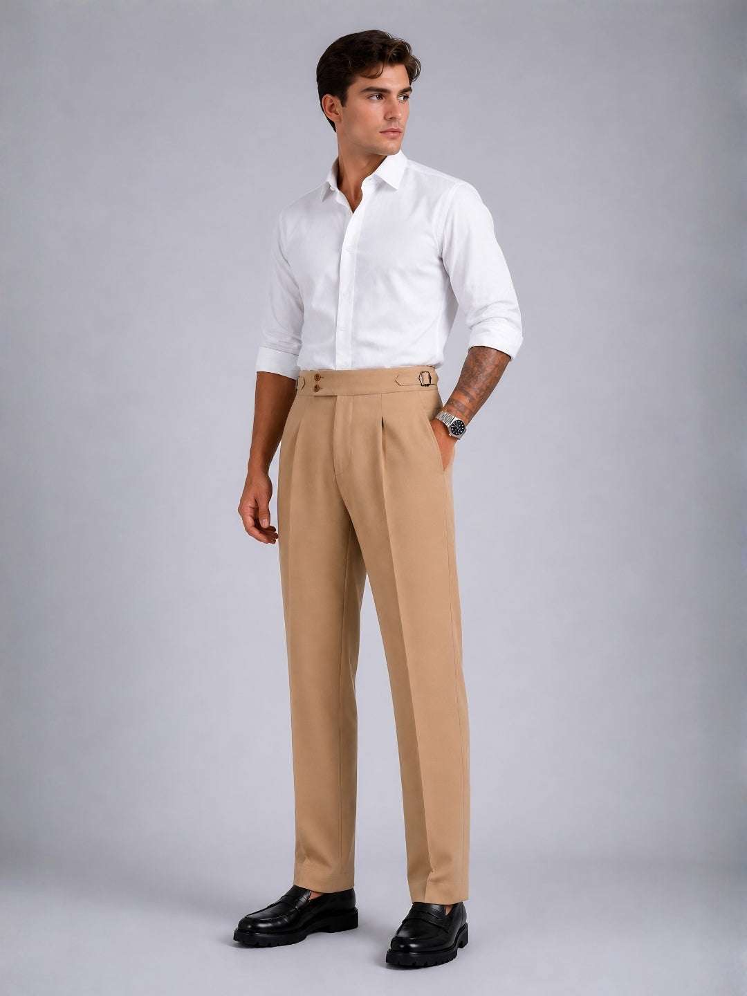 Fawn Solid Straight Fit Double Buckle Gurkha Pant
