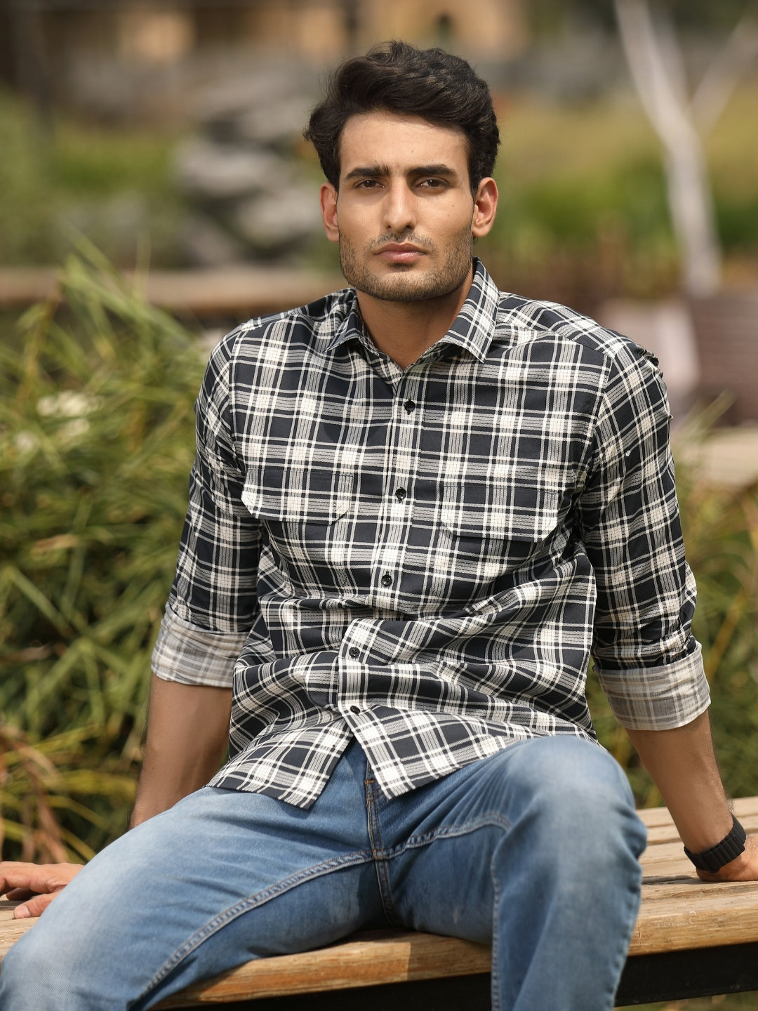 Dark navy blue checks shirt