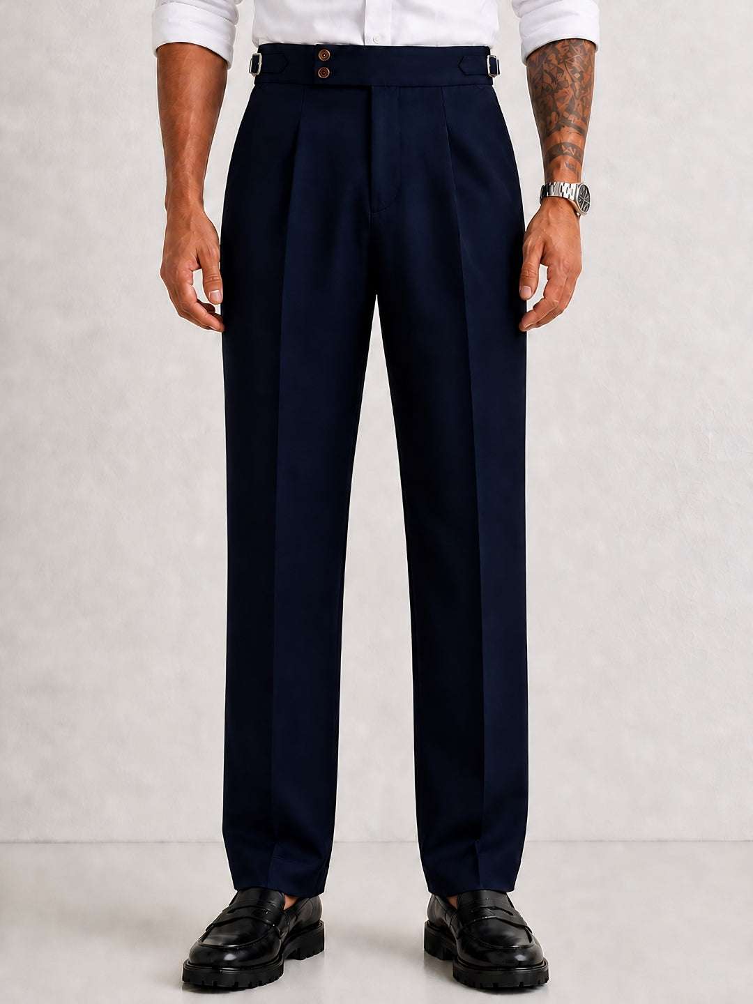 Navy Solid Straight Fit Double Buckle Gurkha Pant