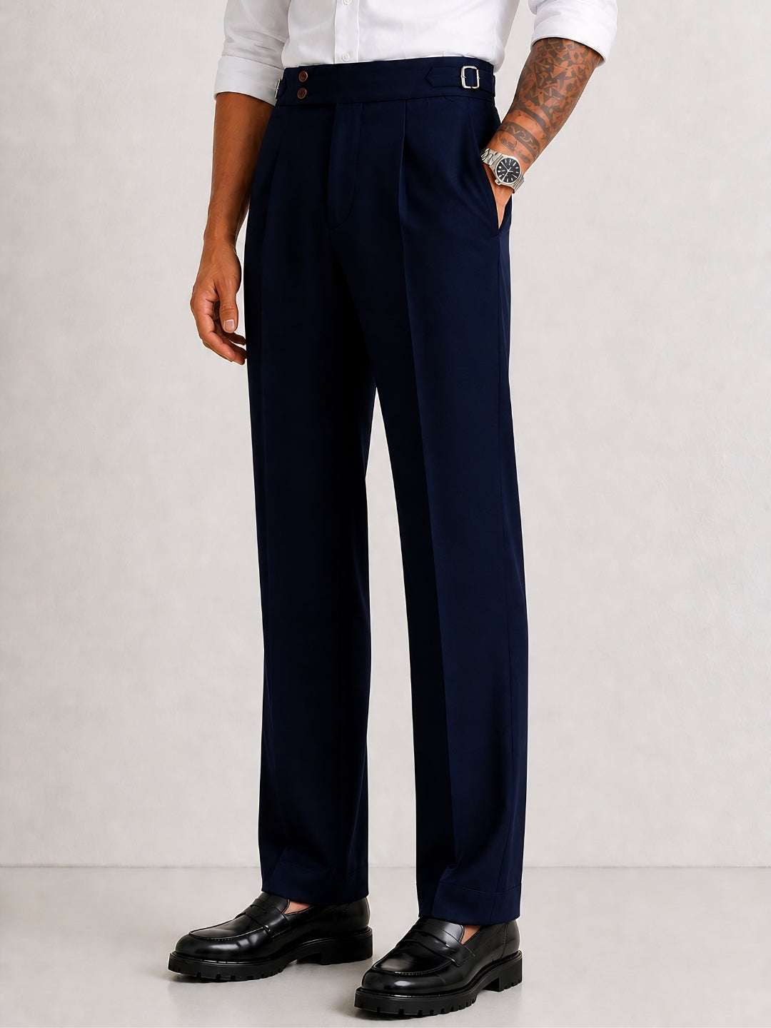 Navy Solid Straight Fit Double Buckle Gurkha Pant