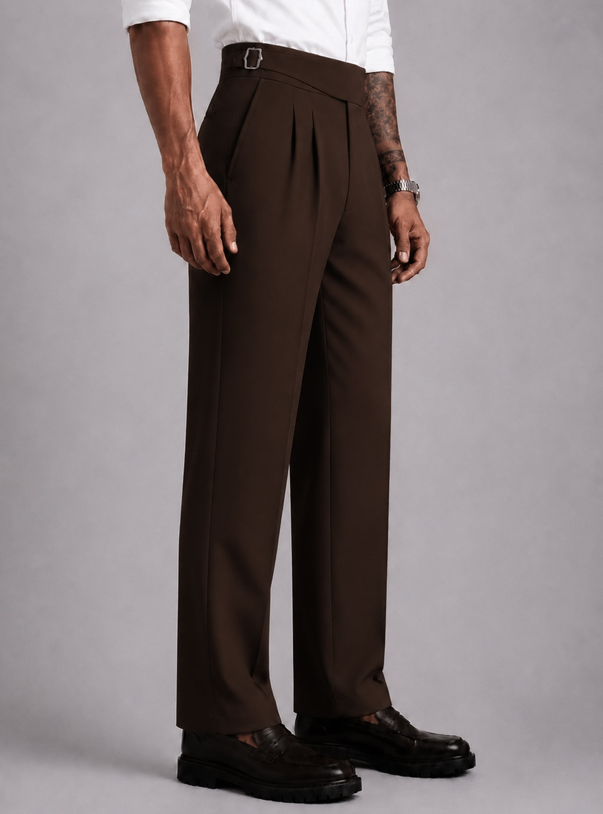 Brown Solid Straight Fit Single Buckle Gurkha Pant For Men