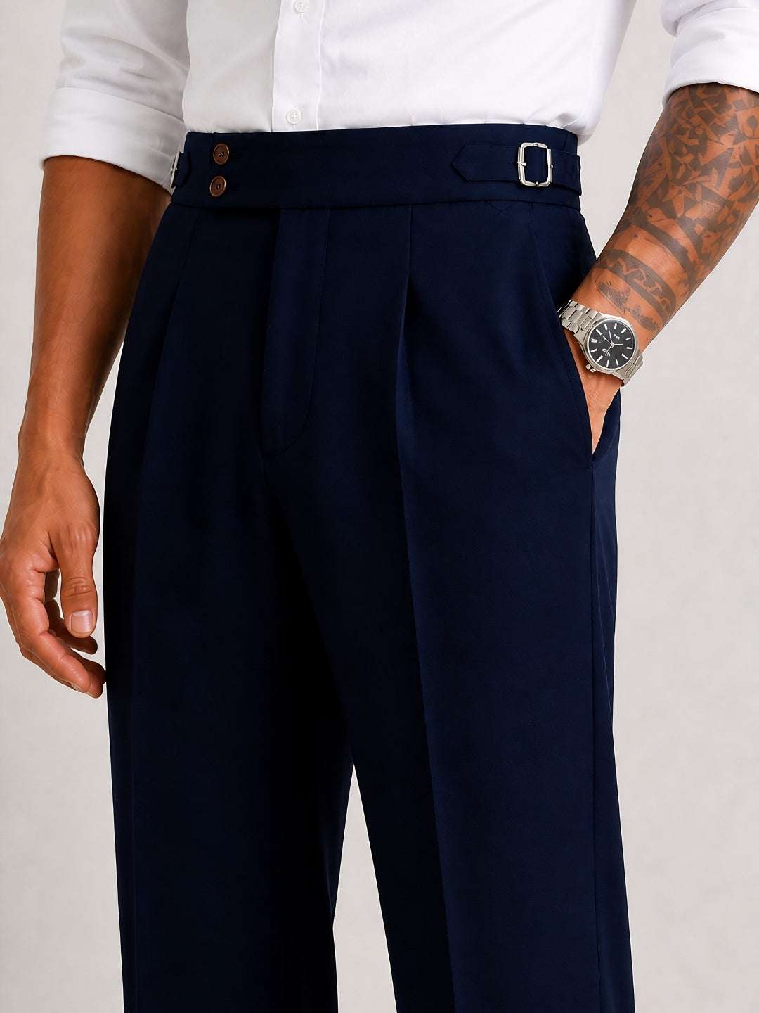 Navy Solid Straight Fit Double Buckle Gurkha Pant