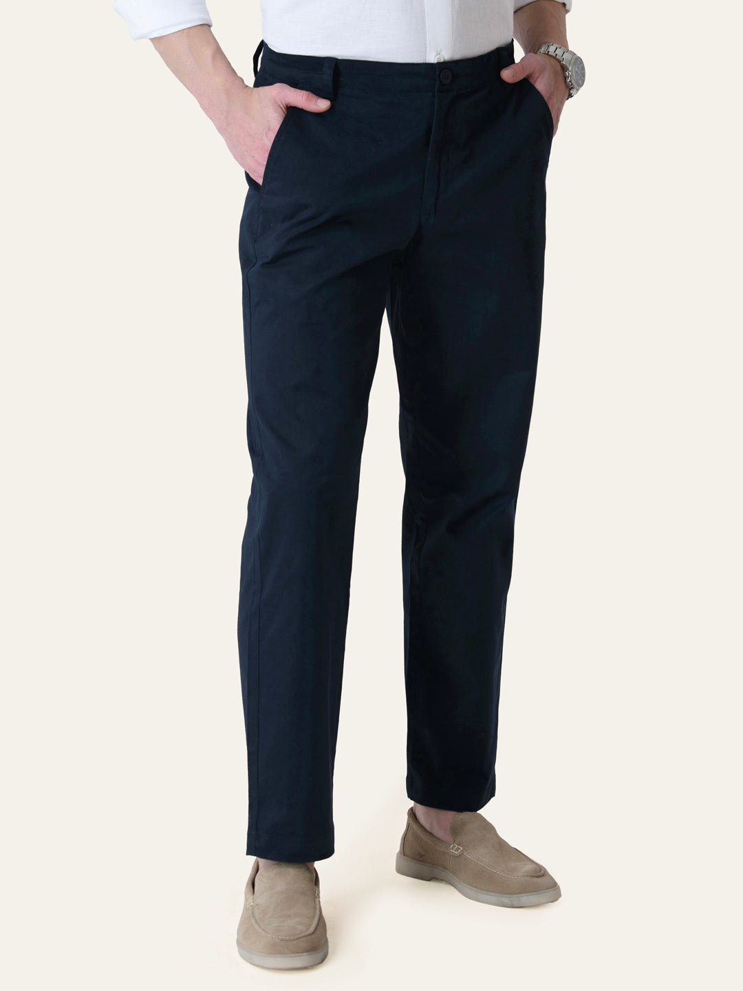 Navy Blue Solid Slim Fit Chinos