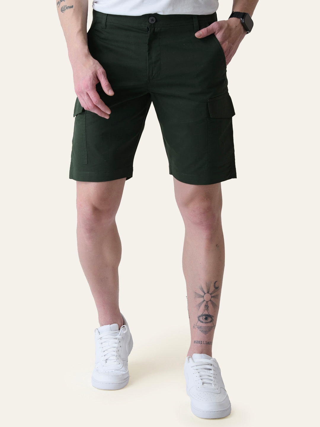 Twill Cotton Bottle Green Solid Shorts