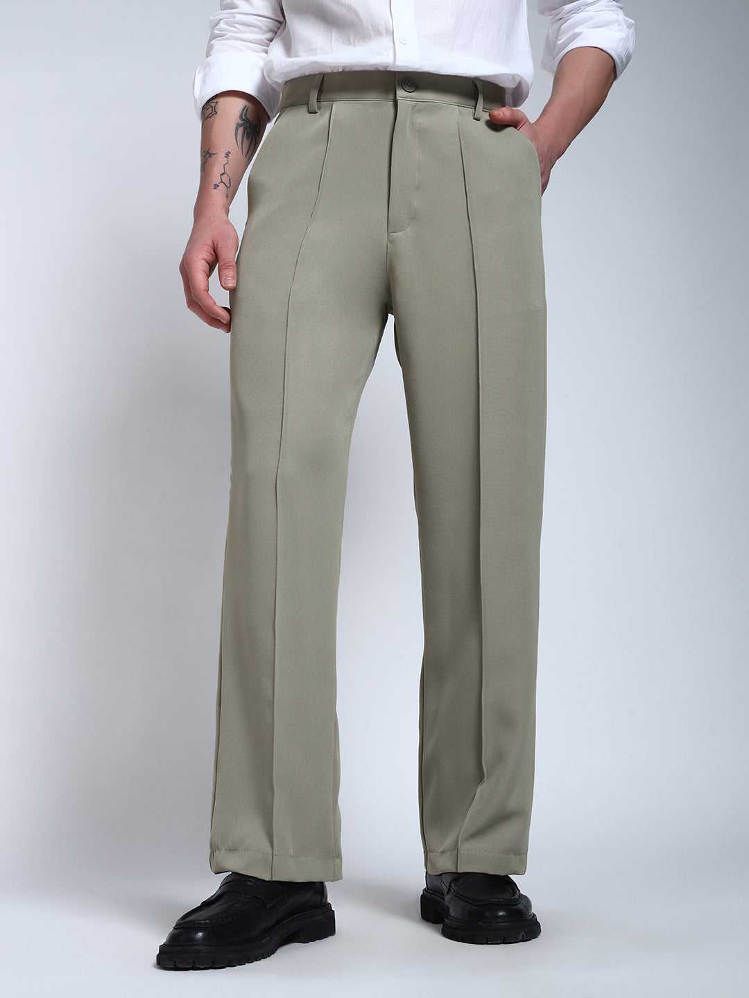 Light Pista Green Solid Pintuck Korean Pants