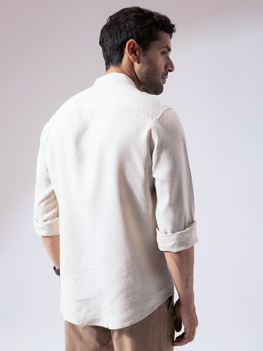 Beige Band Collar Linen Blend Shirt