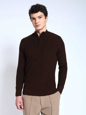 Brown Solid Ribbed Zip-Top Pullover-Sweater