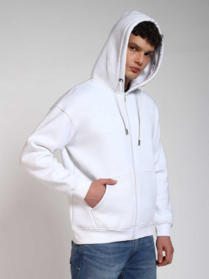 White Solid Regular Fit Zipper Hoodie Sweatshirt
