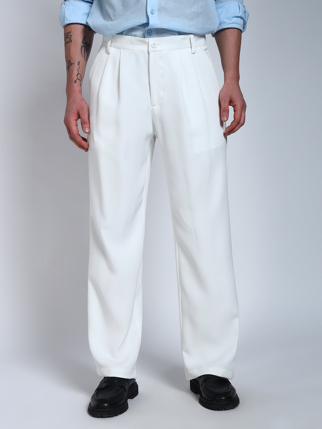 White Solid Pleated Korean Pants