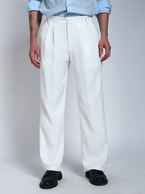 White Solid Pleated Korean Pants