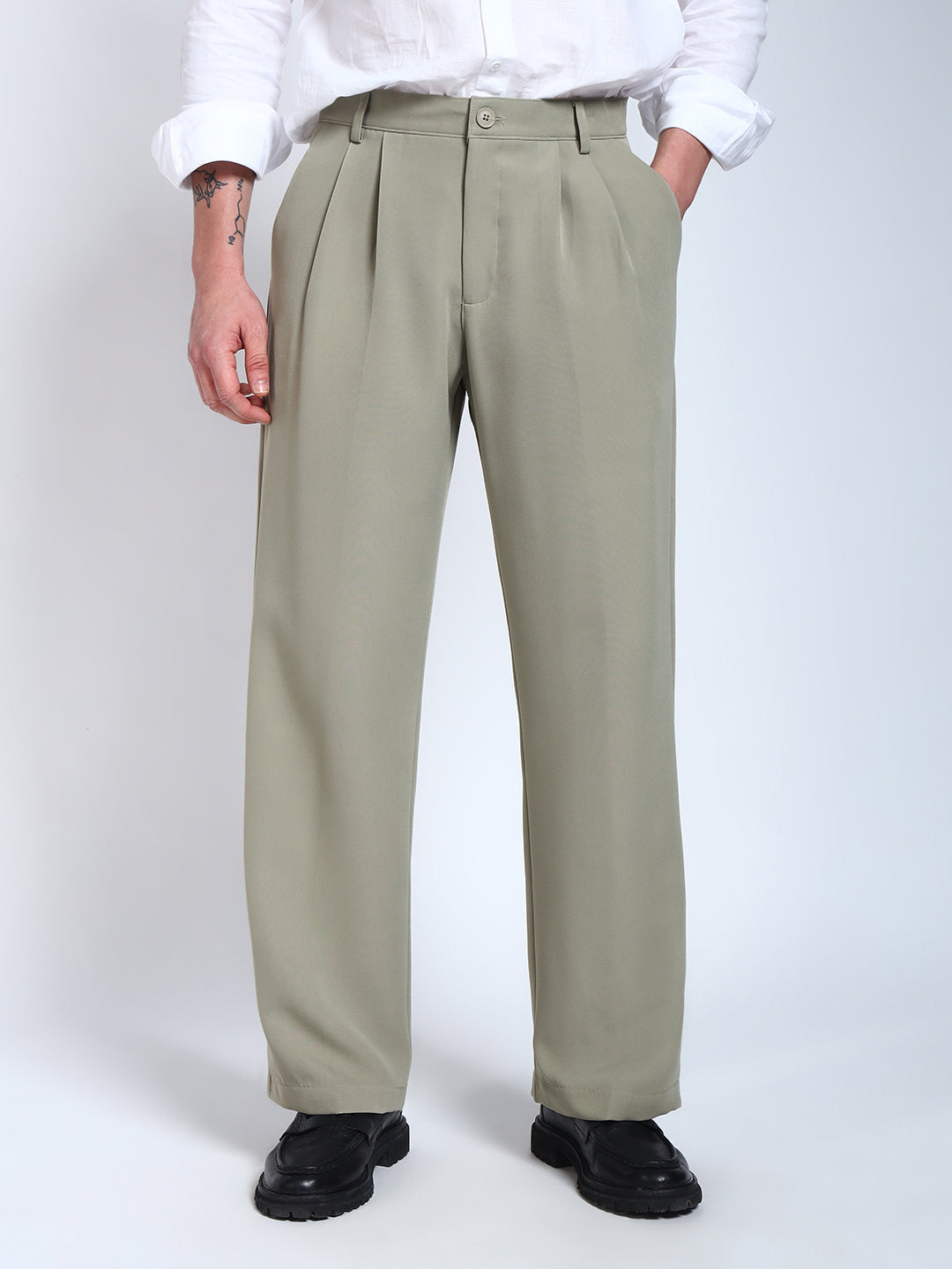 Light Pista Green Solid Pleated Korean Pants