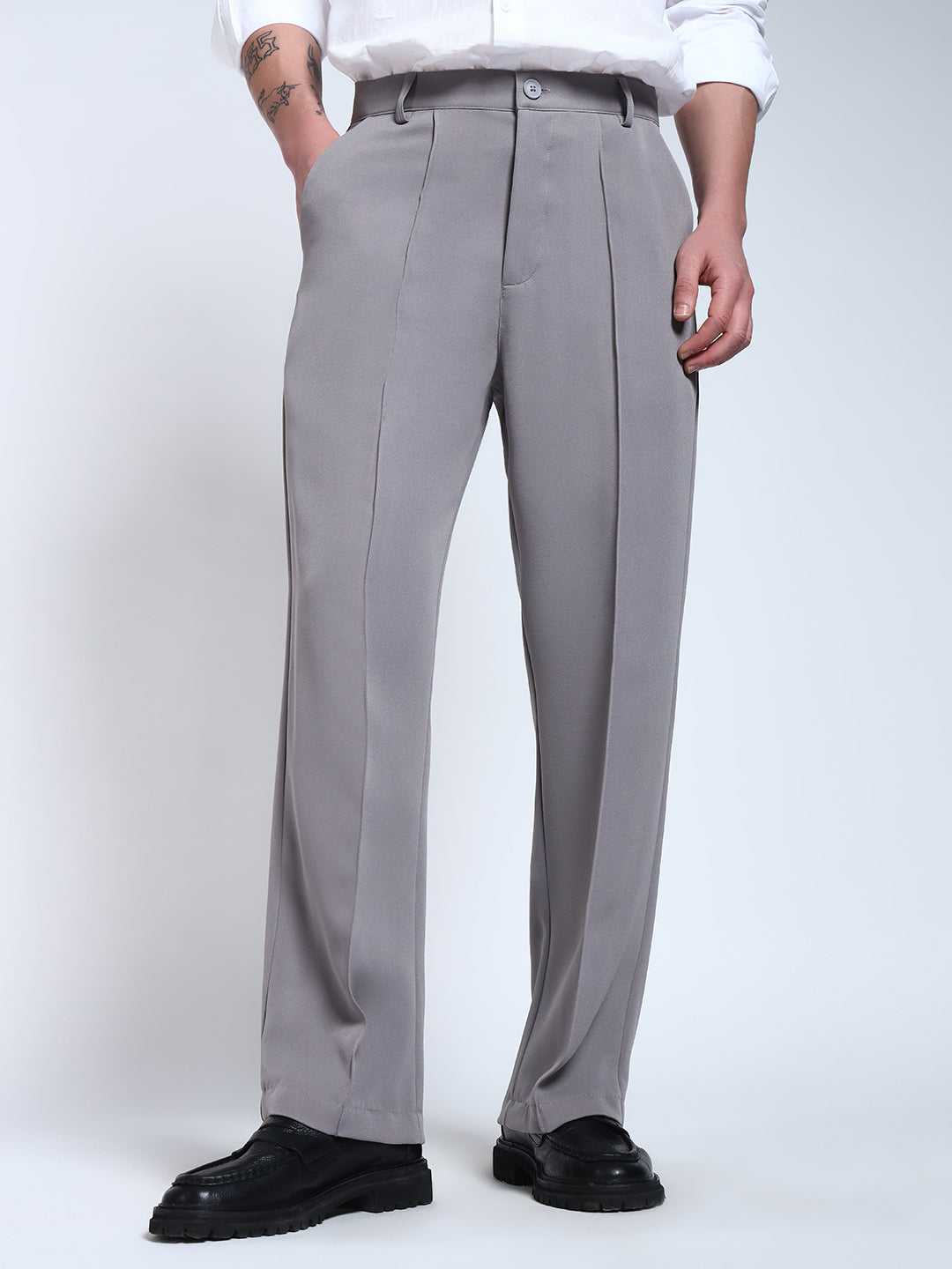 Light Grey Solid Pintuck Korean Pants
