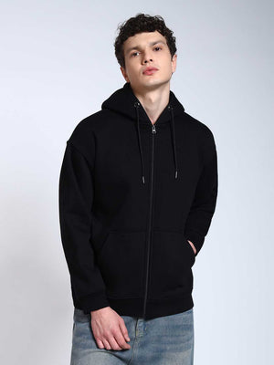 Black Solid Regular Fit Zipper Hoodie Sweatshirt