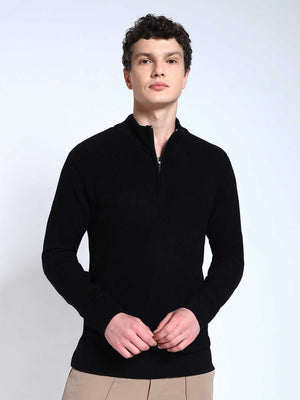 Black Solid Ribbed Zip-Top Pullover-Sweater