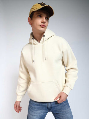 Cream Solid Regular Fit Hoodie Sweatshirt