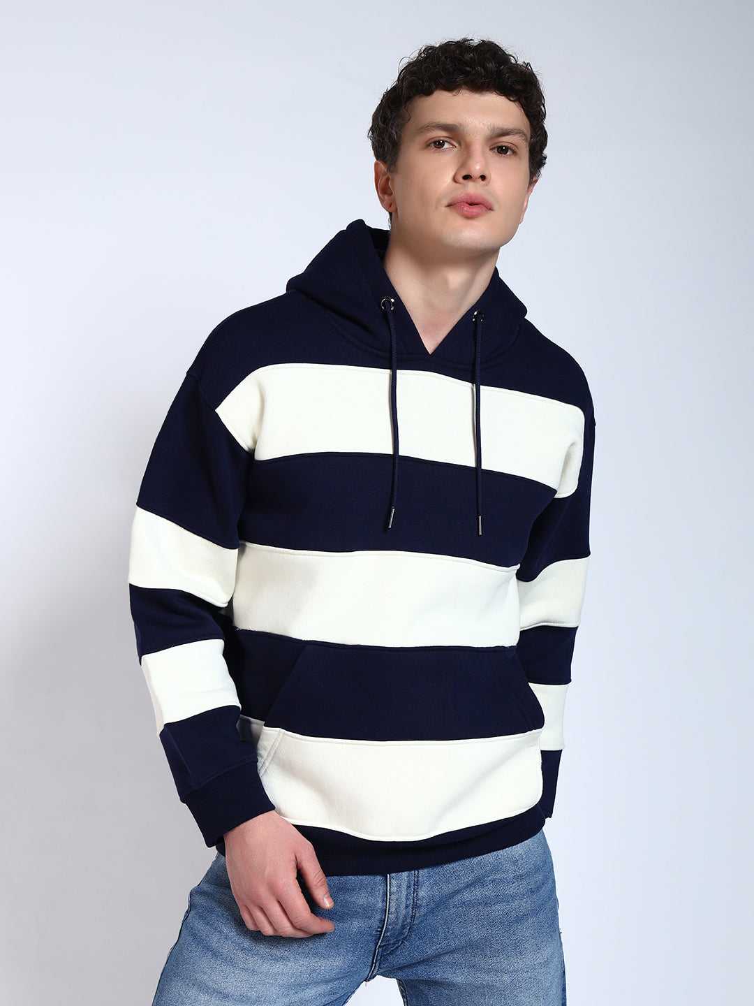 Navy Blue Striped Regular Fit Hoodie Sweatshirt