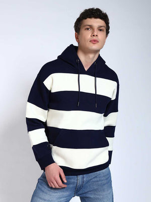 Navy Blue Striped Regular Fit Hoodie Sweatshirt