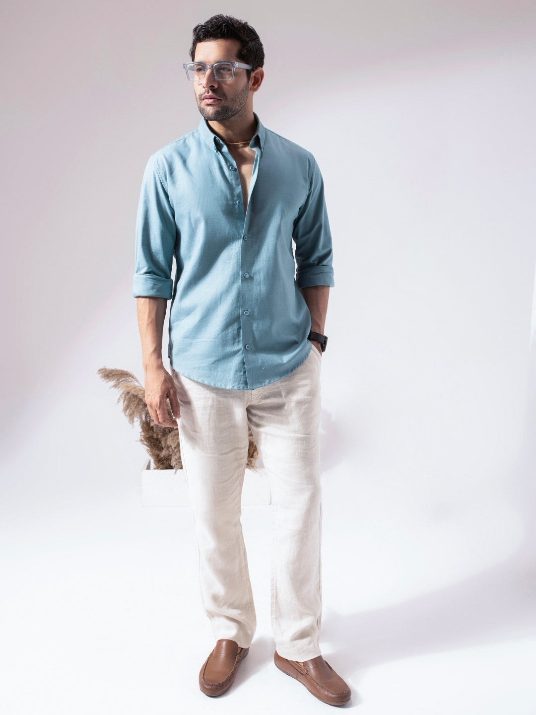Aqua Blue Linen Blend Shirt