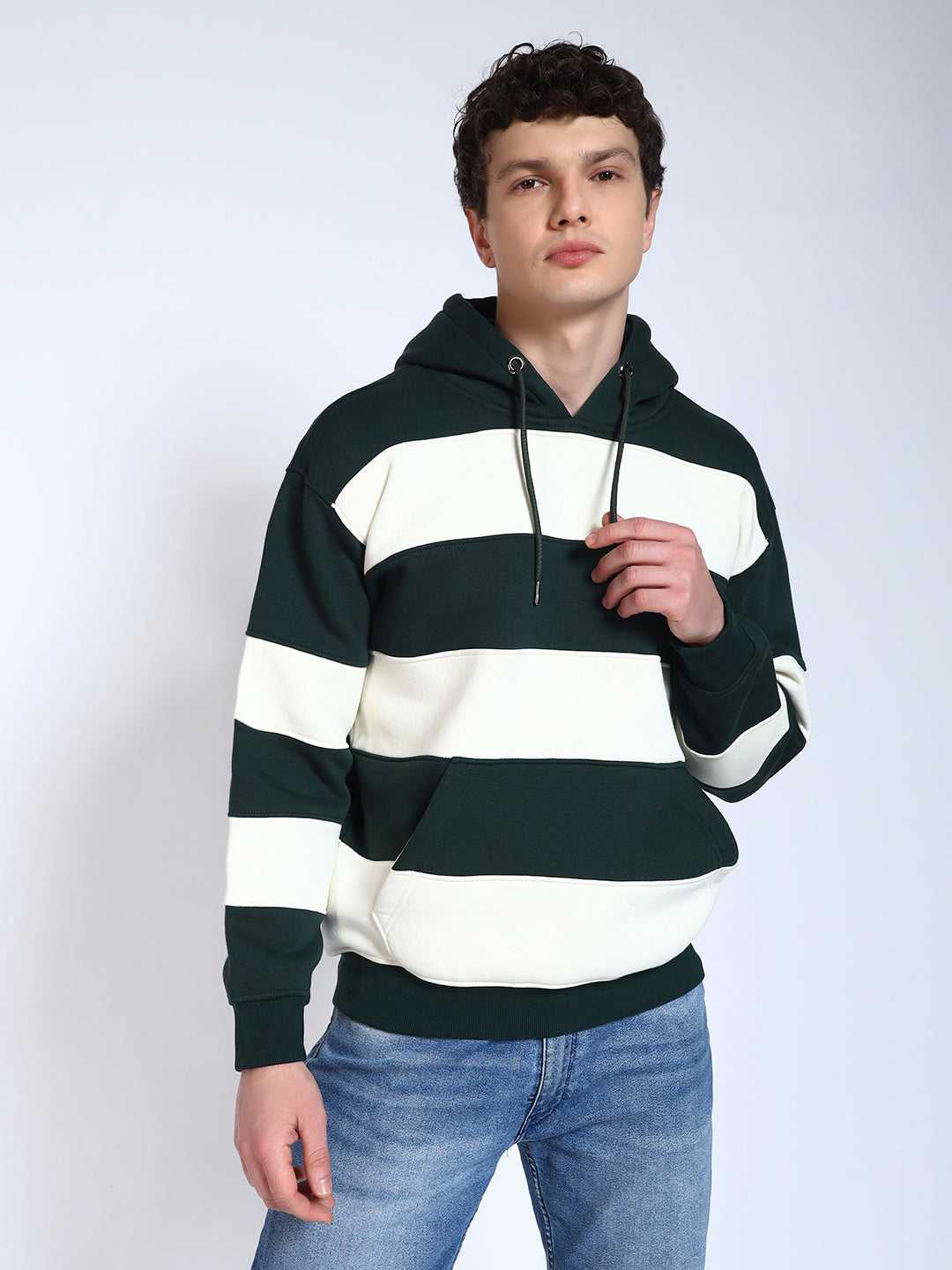 Bottle Green Striped Regular Fit Hoodie Sweatshirt