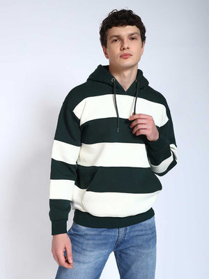 Bottle Green Striped Regular Fit Hoodie Sweatshirt