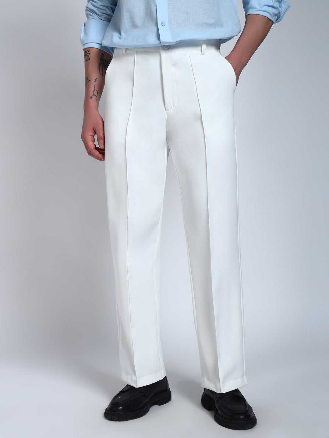 White Solid Pintuck Korean Pants